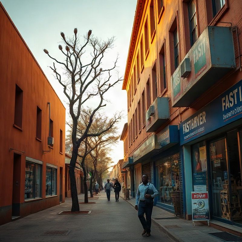 Neighbourhood commercial street in Eldoret with acacia trees and azure signage